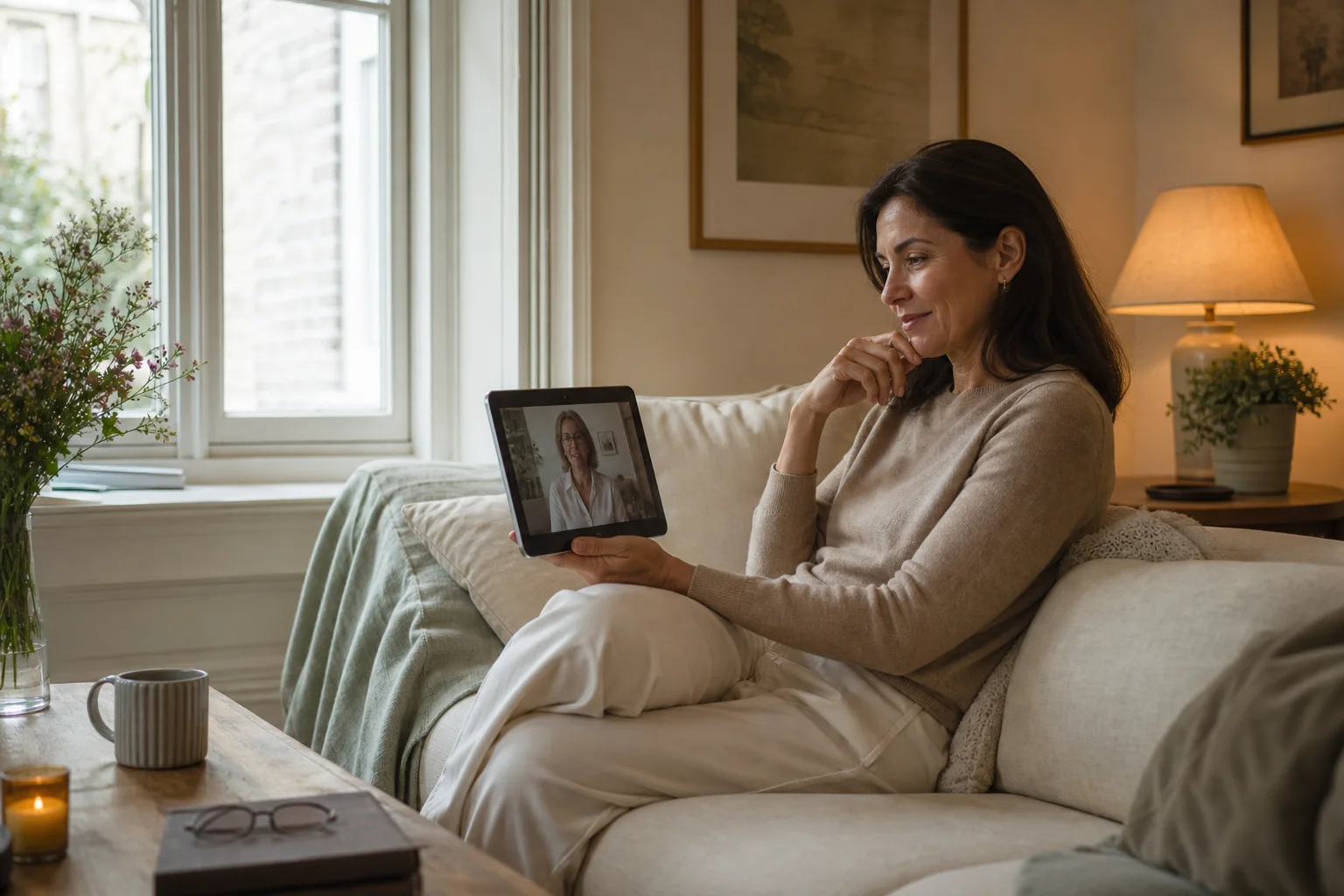 Woman participating in an online therapy session at home